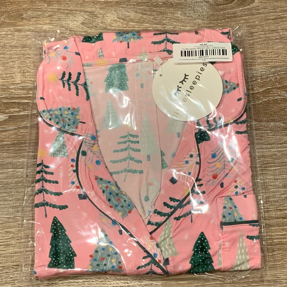 Pink Twinkling Trees Women's Bamboo Viscose Long Sleeve Sleep Shirt - Medium